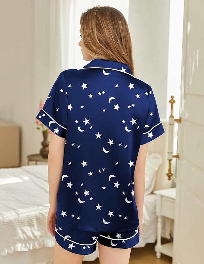 Silk Pajamas for Women Short Sleeve Sleepwear Soft Button Down Loungewear 2 Piece Satin Pjs Shorts Set S-XXL