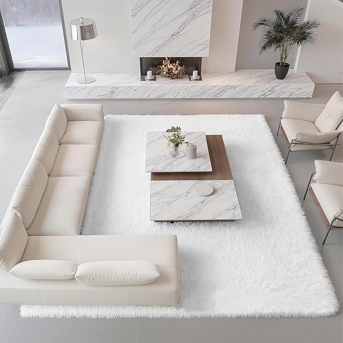 Shag White Rug 9x12 Area Rugs for Bedroom Living Room - Non Slip Ultra Soft Large Fluffy Fuzzy Shag Plush Shaggy Furry Rug for Dorm Kids Room Nursery Playroom, Home Office Big Modern Carpet
