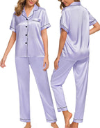 SWOMOG Women Satin Pajamas Set Short Sleeve Top & Pants Sleepwear Silky Button Down Nightwear 2pcs Loungewear Pjs Set