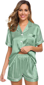 SWOMOG Womens Silk Satin Pajamas Set Short Sleeve Sleepwear Button Down Top and Shorts Loungewear 2 Piece Pjs Set XS-3XL