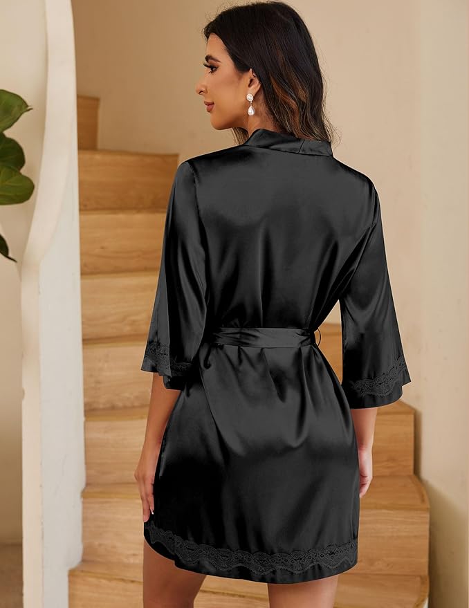 Ekouaer Women's Lace-Trim Silk Robes Bride Bridesmaid Kimono Satin Bathrobe V Neck Sleepwear with 3/4 Sleeve