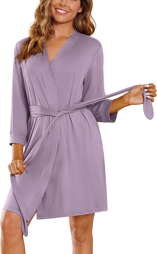 Ekouaer Women‘s Robes Lightweight 3/4 Sleeve Short Knit Bathrobe Soft Knee Length Sleepwear Robes with Pockets S-XXL