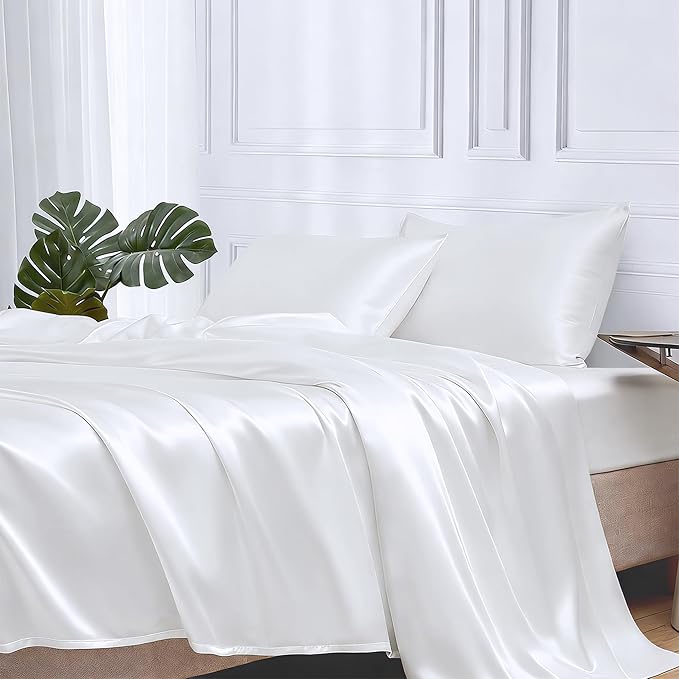 MR&HM Satin Bed Sheets, Queen Size Sheets Set, 4 Pcs Silky Bedding Set with 15 Inches Deep Pocket for Mattress (Queen, White)