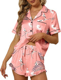 SAPJON Satin Silk Pajamas for Women 2Pcs Ruffle Notch Collar Sleepwear Button Down Short Sleeve Shorts Pjs Set Loungewear