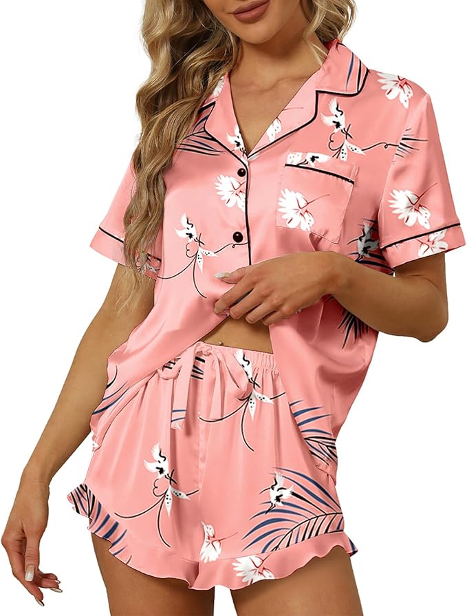 SAPJON Satin Silk Pajamas for Women 2Pcs Ruffle Notch Collar Sleepwear Button Down Short Sleeve Shorts Pjs Set Loungewear