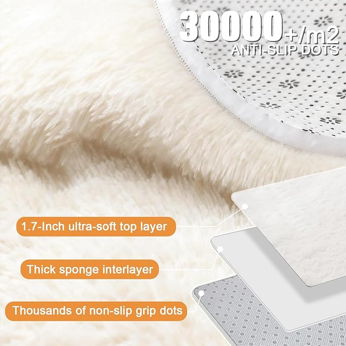 Large Shag Area Rugs 6x9 White, Plush Fuzzy Shaggy Rug for Living Room, Ultra Soft Fluffy Furry Rugs for Bedroom, Upgrade Non-Slip Indoor Thick Carpet Nursery Rugs for Kids Girls Boys Room Home Decor