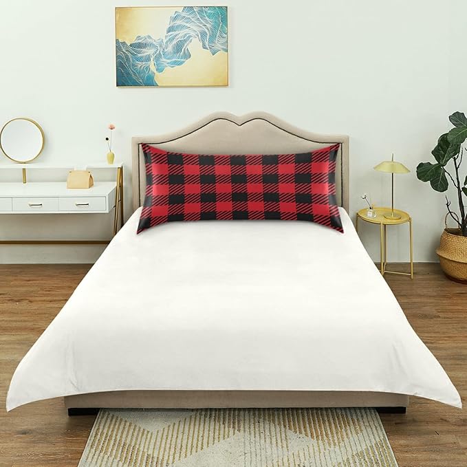 Christmas and New Year Buffalo Plaid Satin Pillowcase for Hair and Skin, Red and Black Buffalo Check Plaid Silk Pillow Case with Envelope Closure, King Size 20x40 inches, 1 PC