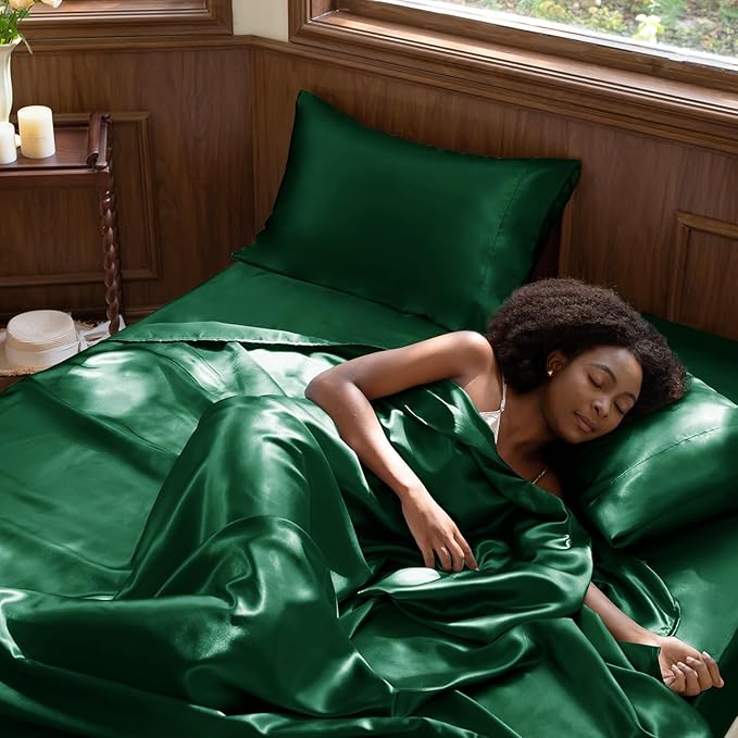 CozyLux Satin Sheets Queen Size Bed Set - 4 Piece Silky Queen Sheet Set, Luxury Dark Green Queen Sheets with Smooth and Soft Microfiber, Includes 1 Fitted Sheet, 1 Flat Sheet and 2 Pillowcases