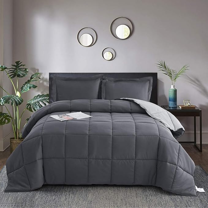 HIG 3pc Grey Queen Size Comforter Set - All Season Reversible Down Alternative Comforter with Two Shams - Quilted Duvet Insert with Corner Tabs - Box Stitched Blanket - Breathable, Soft