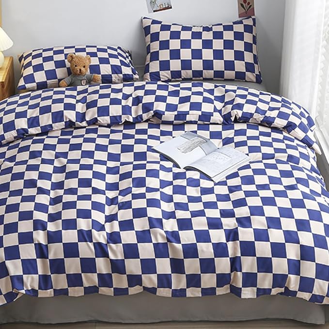 CLOTHKNOW Blue White Plaid Full Size Comforter Set Grid Bedding Comforter Sets Soft Blue Comforter with 2 x Pillow Cases