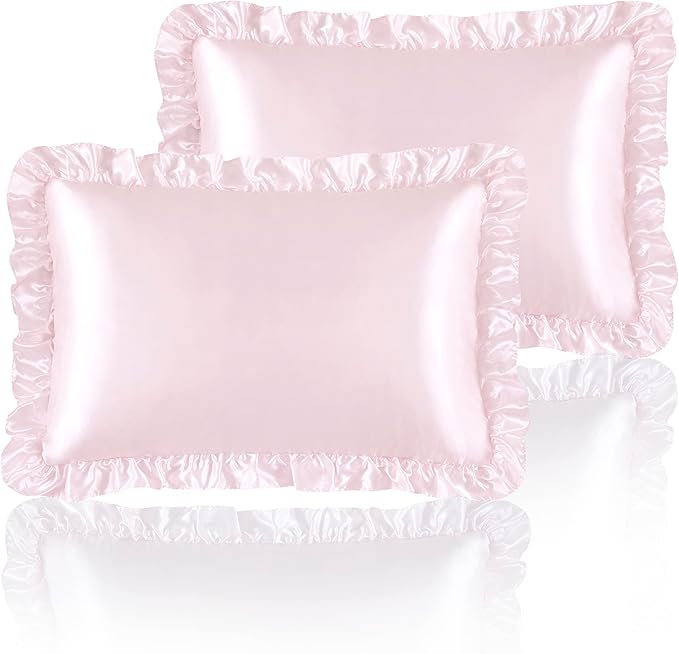 Silky Satin Ruffled Pillow Cases for Hair and Skin,Blush Pink Silky Pillowcases Queen Set of 2 with Envelope Closure Princess Room Decoration