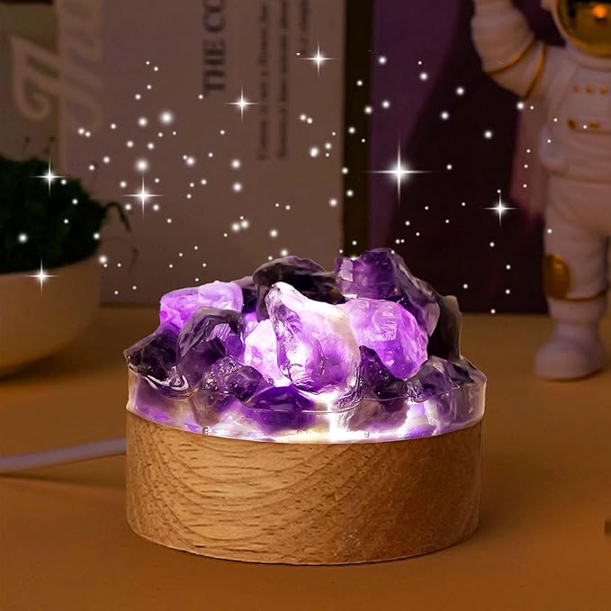Runyangshi Amethyst Night Light with Natural Raw Crystal - USB Powered Mini Lamp for Bedroom, Desk, Meditation, Healing Crystal Decor with Wood Base, Gift Idea