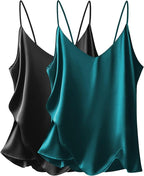 Ekouaer Women's 2 Pcs Satin Camisole Silky Pajama Tank Tops V Neck Soft Spaghetti Strap Loose Basic Sleepwear