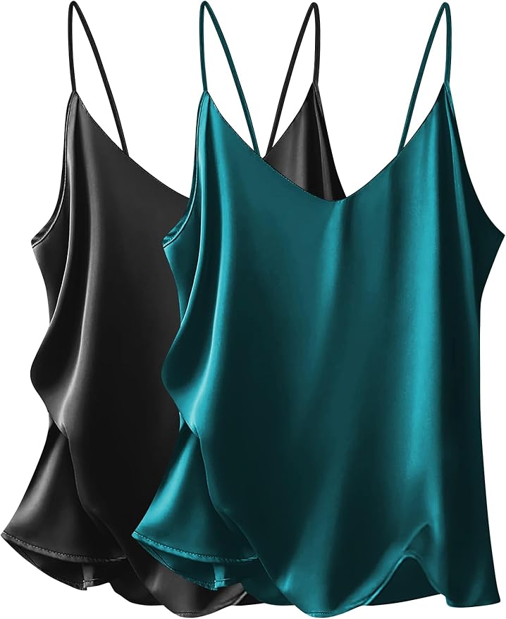 Ekouaer Women's 2 Pcs Satin Camisole Silky Pajama Tank Tops V Neck Soft Spaghetti Strap Loose Basic Sleepwear