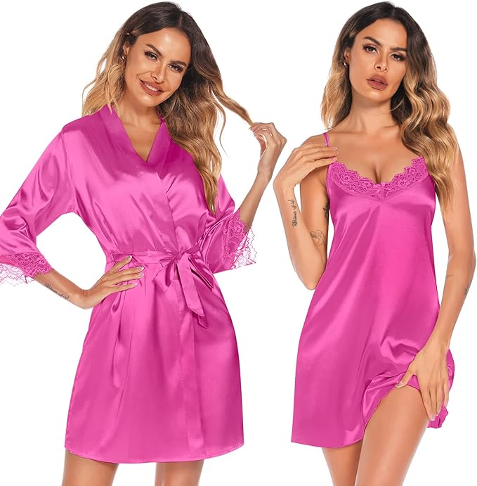 SWOMOG Women's Satin Robe Set 2 Piece Sexy Pajamas Sets Lace Cami Nightgown and Silk Robes Nightwear