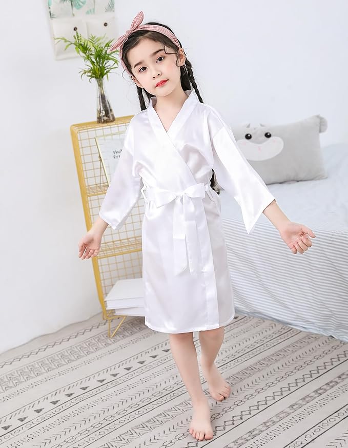QXQTER Silky Satin Robes for Kids Girls Flower Girl Robe for Wedding Bridal Party with Gold Glitters
