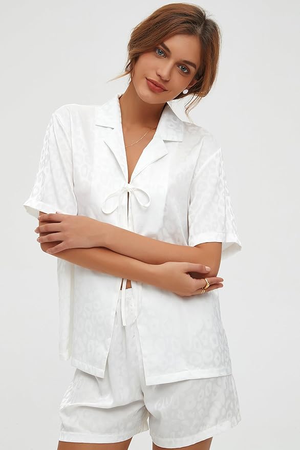 CHYRII Women's Silk Satin Pajamas Sets Tie Front Short Sleeve Tops and Shorts Two Piece Pj Sets Sleepwear