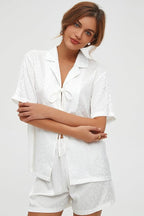 CHYRII Women's Silk Satin Pajamas Sets Tie Front Short Sleeve Tops and Shorts Two Piece Pj Sets Sleepwear