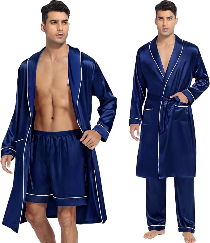 SWOMOG Men's Satin Robe 3 Pcs Silky Kimono Bathrobe Set Lightweight Soft Loungewear Nightwear
