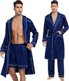 SWOMOG Men's Satin Robe 3 Pcs Silky Kimono Bathrobe Set Lightweight Soft Loungewear Nightwear