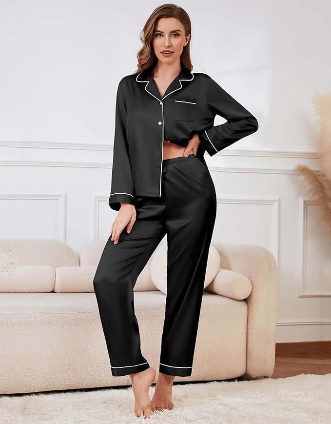 SAPJON Satin Silk Pajamas for Women Set 5PCS Classic Button Down Pajamas Top and Pants Cami and Ruffle Shorts Sleepwear
