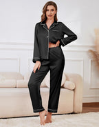 SAPJON Satin Silk Pajamas for Women Set 5PCS Classic Button Down Pajamas Top and Pants Cami and Ruffle Shorts Sleepwear