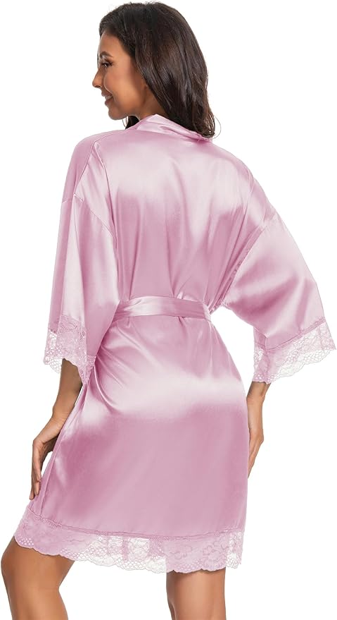 Kihnop Women's Satin Robe Silk Robe Lace Bridal Robes for Bride Bridesmaid Robes Silky Bathrobe Getting Ready Sleepwear