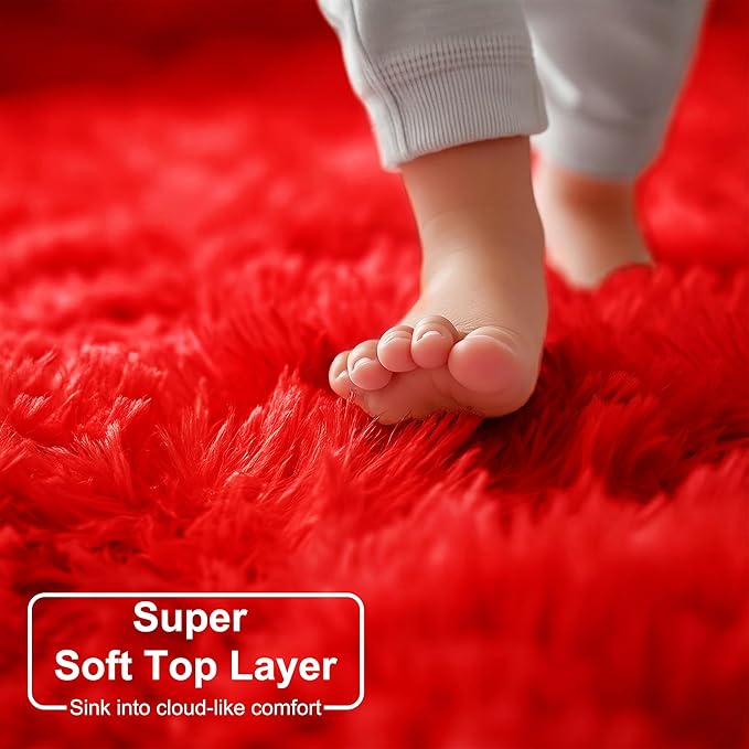 Amdrebio Red Area Rugs for Living Room Bedroom, Christmas Rug 6x9, Large Red Carpet, Plush Fuzzy Furry Rug for Kids Playroom, Fluffy Shaggy Throw Carpets for Dorm, Aesthetic Rugs for Boys Room Decor