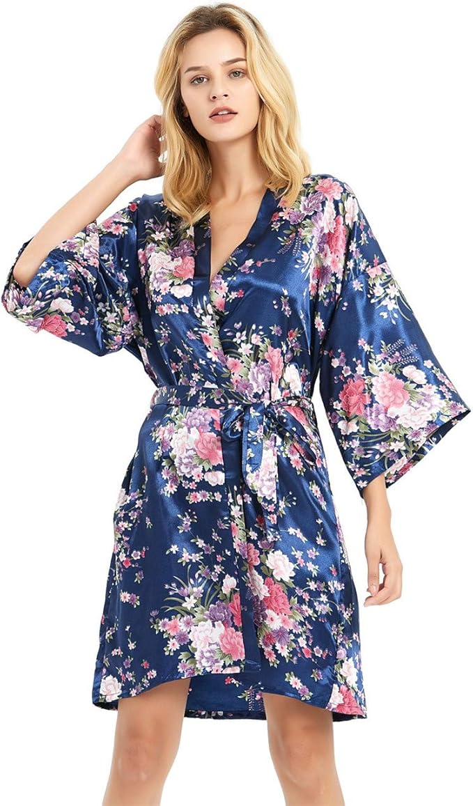 Women's Satin Robes Floral Bridesmaid Robes Short Silk Kimonos Sleepwear