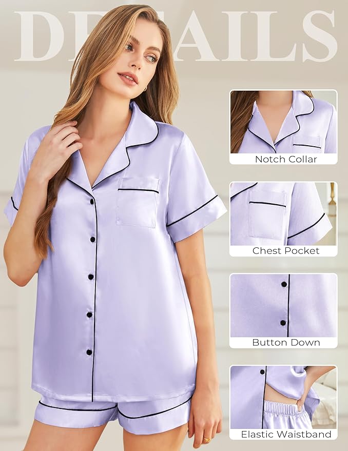 Silk Pajamas for Women Short Sleeve Sleepwear Soft Button Down Loungewear 2 Piece Satin Pjs Shorts Set S-XXL