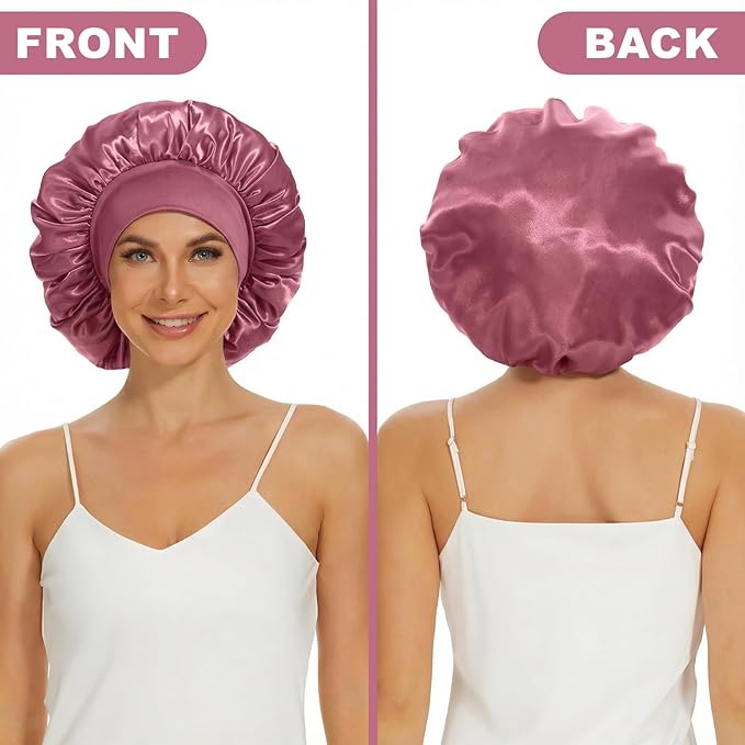 4Pcs Satin Bonnet Silk Bonnet, Hair Bonnet for Sleeping, Elastic Wide Band Silk Sleep Cap, Soft and Breathable(Rose Pink*4)