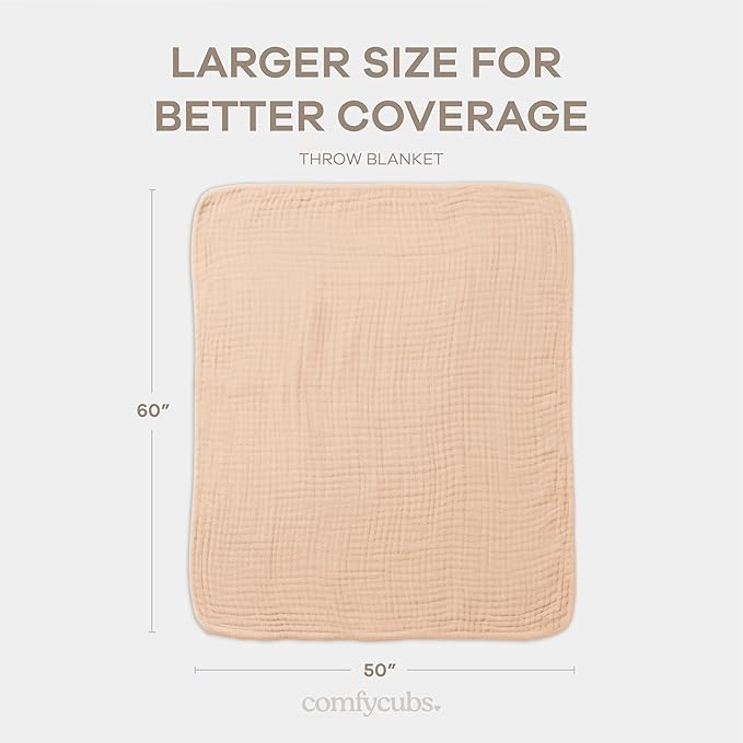 Comfy Cubs Muslin Throw Blanket - 50” x 60” Quilted Design - Lightweight, Breathable 6-Layer Gauze Fabric - Soft Cotton Blanket for Home or Travel - Packaged in Elegant Gift Box - Cream