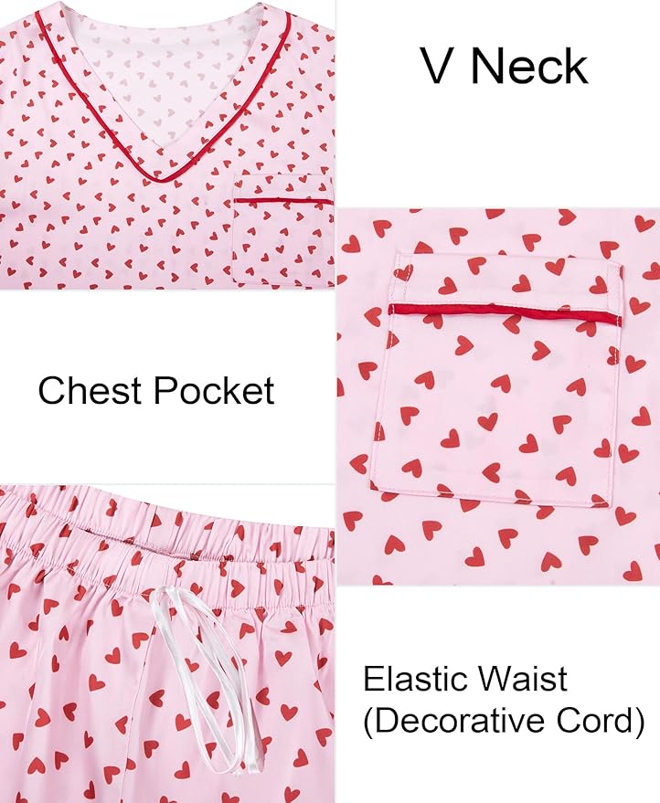 ASTANFY Valentines Day Pajamas Women 2 Piece Silk Valentine Pjs Cute Heart Pajamas V Neck Satin Sleepwear Loungewear Set