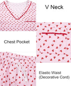 ASTANFY Valentines Day Pajamas Women 2 Piece Silk Valentine Pjs Cute Heart Pajamas V Neck Satin Sleepwear Loungewear Set