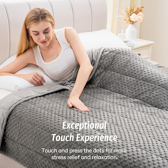 Wemore Minky Dot Weighted Blanket for Adults Twin Size 15 lbs, Soft Cozy Heavy Blanket for Stress Relief and Sleep Promotion, Breathable Blanket for All-Season with Glass Beads, Grey 60 x 80 inches