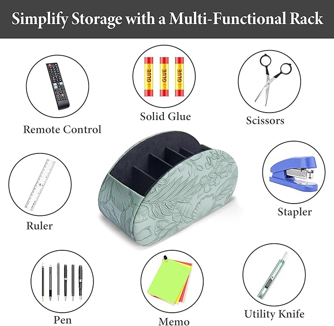 QIELIZI Remote Control Holder, PU Leather Remote Caddy Desktop Organizer with 5 Spacious Compartments for TV Remotes/Media Controllers/Office Supplies (1-Carved Green