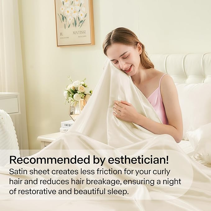BEDELITE Satin Sheets Queen Size Bed Set, Luxury Soft Beige Silky Sheets for Hair and Skin, Similar to Silk Bed Sheets Set 4 Pieces （1 Deep Pocket Fitted Sheet, 1 Flat Sheet, and 2 Pillowcases）