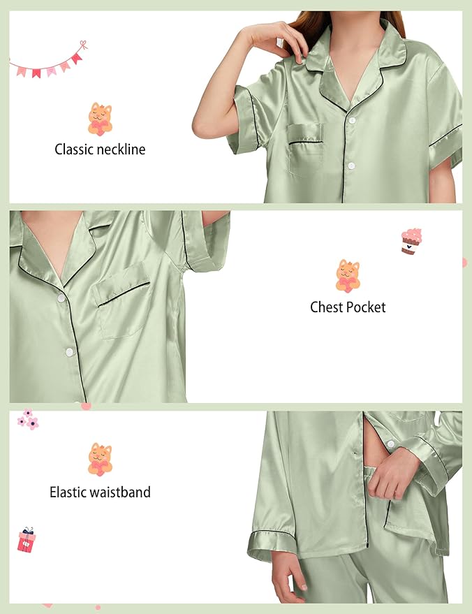 EPLAZA Kids Satin Pajamas Sets Girls Boys Button-Down Silky Pajamas Sleepwear with Hairband Eye Mask Hair Tie