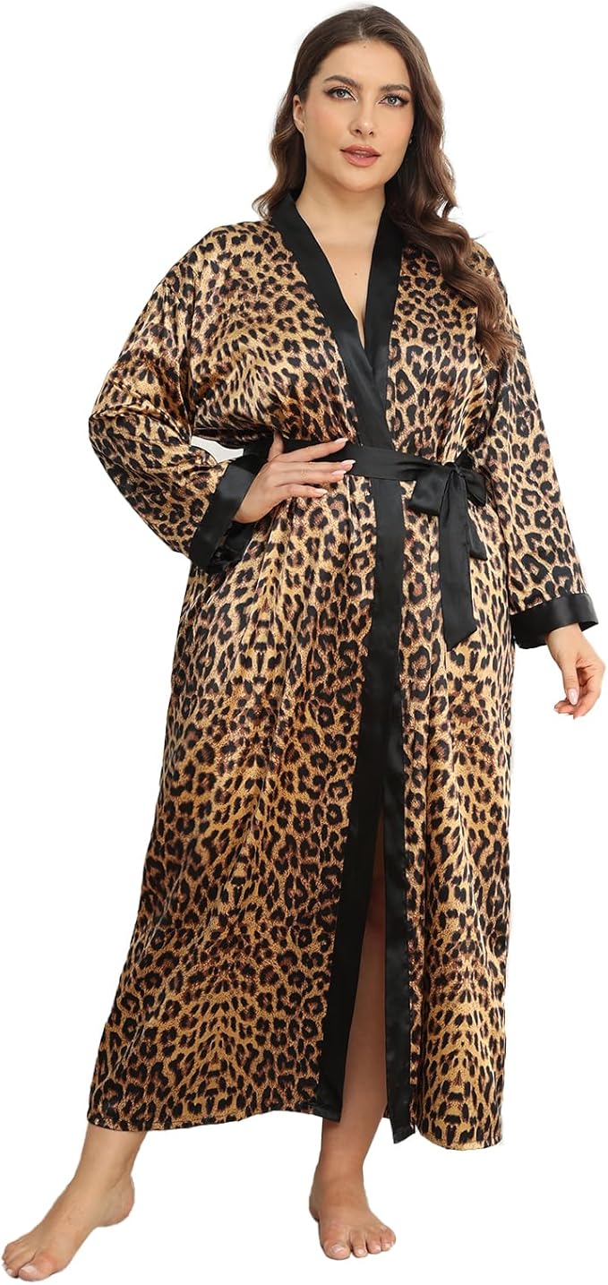 Womens Plus Size Silky Satin Kimono Robe Floral Long Bathrobe Wedding Sleepwear Dressing Gown