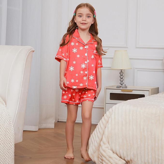 QPANCY Kids Satin Pajamas Sets Baby Boy Girl Button-Down Silk Sleepwear 2 Piece Short Sleeve Loungewear Clothes Set