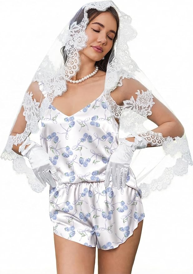 Ekouaer Satin Pajama Set for Women, Backless Silk Lingerie Pjs Back Tie-up Camisole Top and Shorts with Ruffle Sleepwear