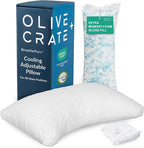 Olive + Crate BreathePure™ Adjustable Cooling Shredded Memory Foam Pillow - Breathable Bamboo Viscose Cover for Temperature Control - Crescent Gel Pillows for Side Sleepers - Queen Size