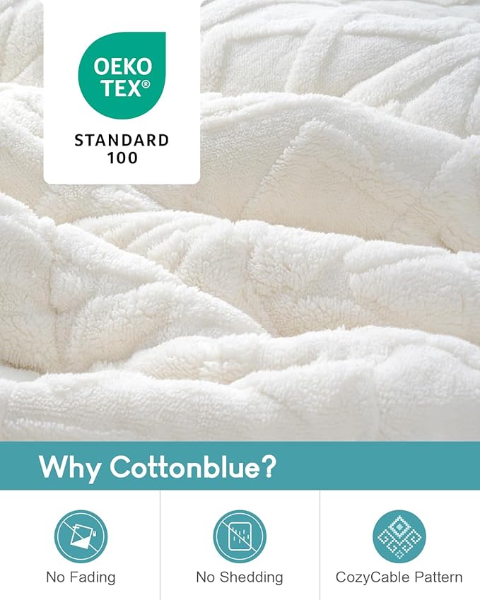 Cottonblue Weighted Blanket 15lbs for Twin/Full Ded - Plush Jacquard Sherpa Bed Blanket for Deep Sleep and Relaxation, Heavy Calm Blankets with Glass Beads, 48x72 Inches, Cream White