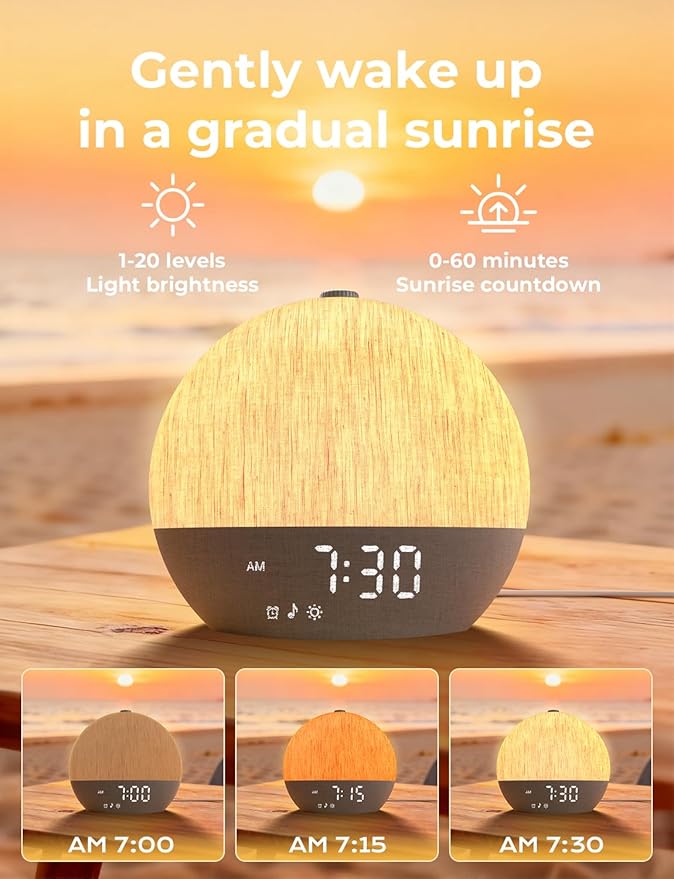 LIORQUE Sunrise Alarm Clock, Digital Alarm Clocks Bedside, Wake up Light with White Noise for Heavy Sleepers, 30 Sleep Sounds, Sleep Timer, Adjustable Volume & Brightness,Screen Free Design, Bluetooth