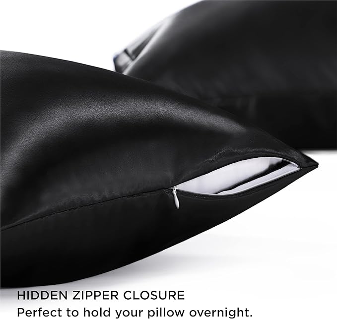 Bedsure Satin Pillowcase with Zipper, Similar to Silk Pillow Cases 2 Pack, Silky & Soft Satin Pillow Cases Standard Size for Hair and Skin, Black Pillow Covers, Gifts for Women Men, 20x26 Inches