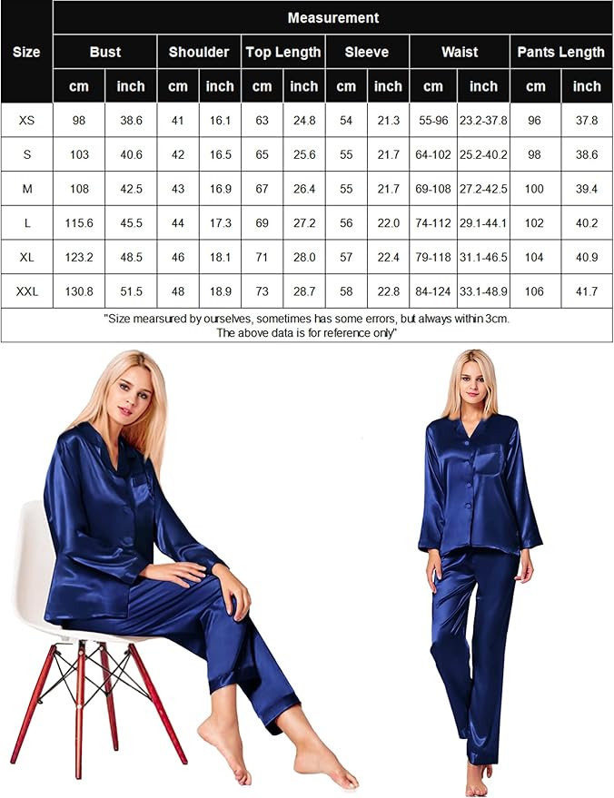 SWOMOG Long Sleeve Pajamas Set Silk Satin Sleepwear Button Down Pjs Loungewear with Pocket