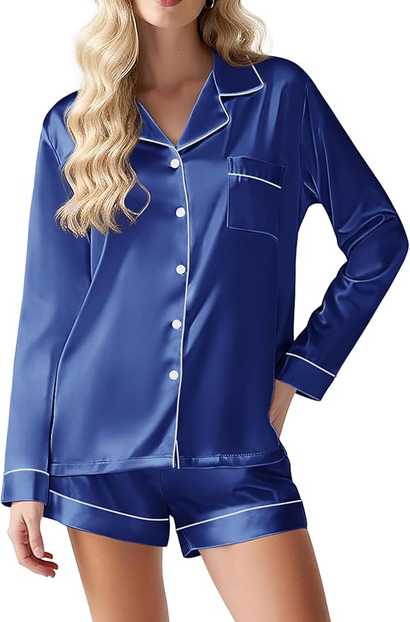 Ekouaer Satin Pajama Set for Women Button Down Pj Set Long Sleeve Top and Shorts 2 Piece Loungewear Summer Soft Sleepwear