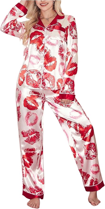 WDIRARA Women's 2 Piece Bowknot Print Satin Pajama Set Long Sleeve Button Down Lounge Pants Sleepwear Sets