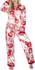 WDIRARA Women's 2 Piece Bowknot Print Satin Pajama Set Long Sleeve Button Down Lounge Pants Sleepwear Sets