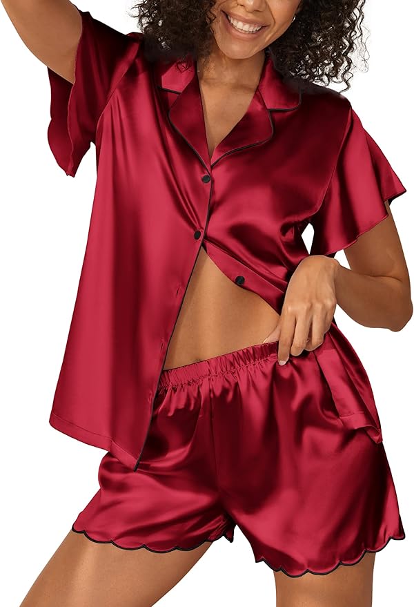 Ekouaer Women's Classic Button Down Ruffle Sleeves Short Satin Silk Pajama Set